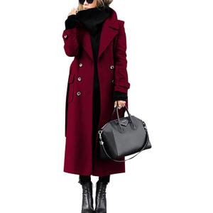 chouyatou Women's Winter Double Breasted Wool Coat Business Casual Long Winter Pea Coat with Belt (XX-Large, Red)
