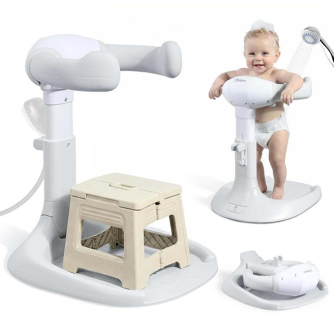 Orzbow Baby Shower Stand, Collapsible Baby Bath Stand with Foldable Chair, Adjustable Height Toddler Shower Standing Support for Infant 6-36 Months, Anti-Slip Base, Easy-Use, Gray