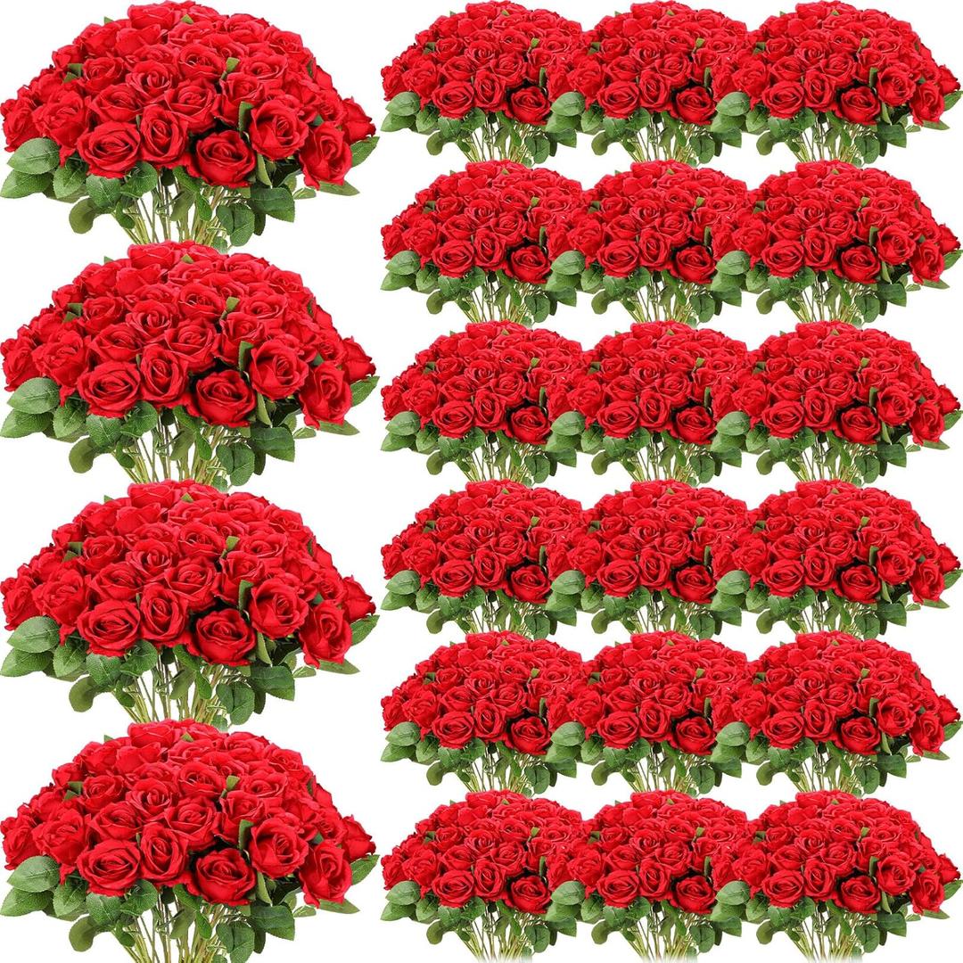 Riceshoot 500 Pcs Artificial Silk Roses Flowers with Long Stem Bridal Wedding Bouquet Realistic Floral Bulks for Garden Home Party Gifts Favor Decoration(Red)