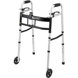 WHLICKS Folding Walkers for Seniors, Lightweight Aluminum Walker with 5'' Front Wheels and 2 Skis, Height Adjustable Standard Walker for Elderly and Disabled, Stable Frame up to 350 lbs