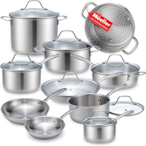 Mueller Pots and Pans Set 17-Piece, Ultra-Clad Pro Stainless Steel Cookware Set, Ergonomic EverCool Handle, Induction Cookware, Includes Saucepans, Skillets, Dutch Oven, Stockpot, Steamer For Cooking
(Silver)