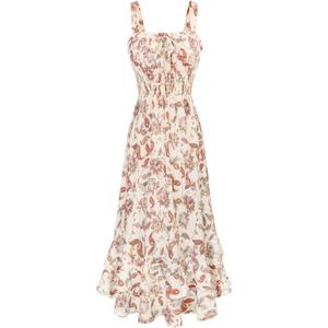 GRACE KARIN Women's 2025 Summer Floral Boho Dress Square Neck Strapped Swing A Line Sundress Beach Long Maxi Outfits (Medium, Beige)