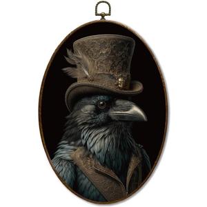 LMMHIOPI Victorian Gentleman Raven Oval Wall Art, Gothic Animal Portrait Style Canvas Print Decor for Living Room Study Library, 8.5x11.5 Inch