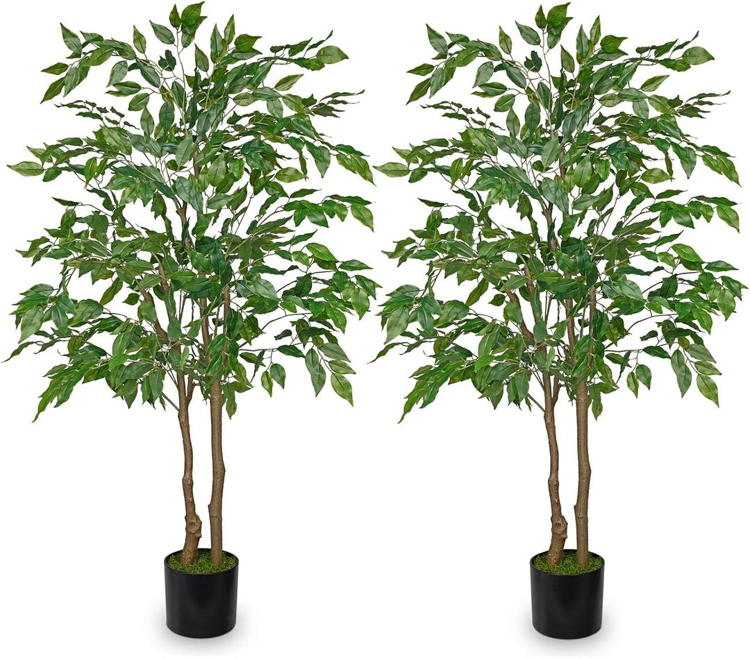 2 Pc Artificial Ficus Tree 4ft Silk Fake Ficus Leaves Plant 120cm Potted Faux Ficus Tree with Decorative Moss Dual Trunks Indoor Outdoor Faux Green Tree for Home Garden Office House Livingroom Dcor
