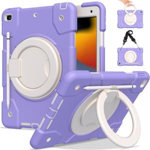 Case for iPad 9th/8th/7th Generation 10.2 inch, Heavy Duty Shockproof Cover with 360 Rotating Handle/Bracket/Pen Holder/Shoulder Strap, Case for iPad 10.2 inch 2021/2020/2019, Purple