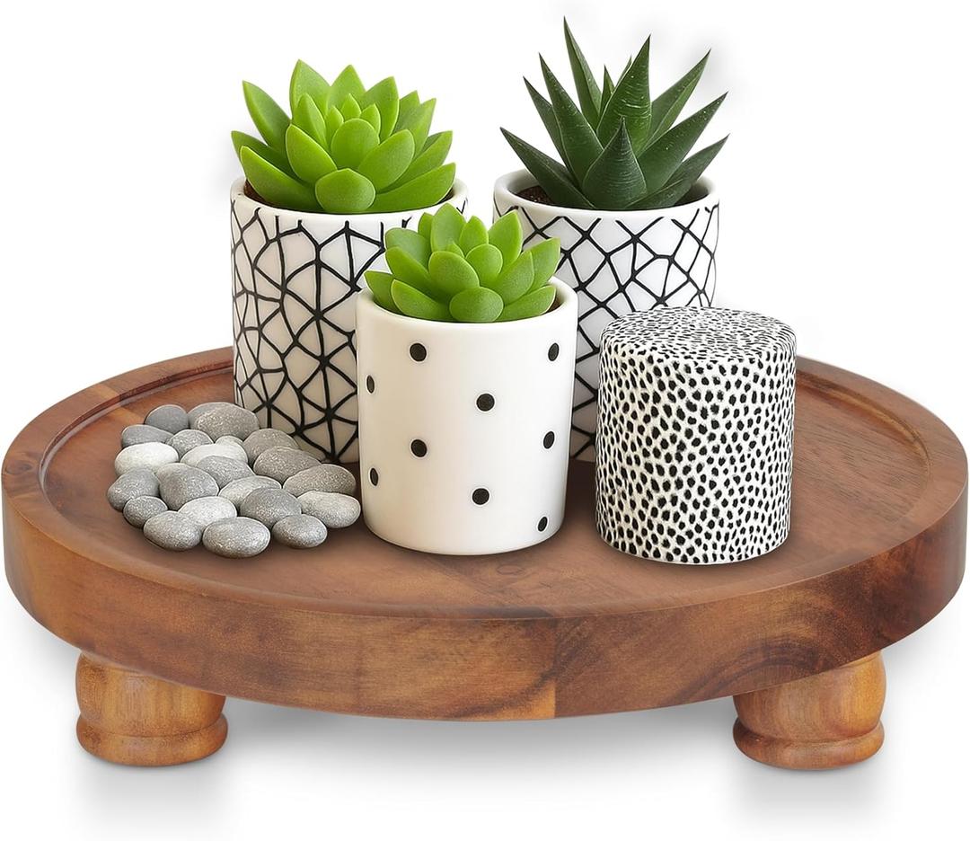 Demigo 10" Acacia Wood Round Tray - Decorative Plant Stand, Farmhouse Countertop Organizer, Multi-Purpose Display Pedestal, Riser Board for Soap, Perfume, Candles, Sponge, Bathroom, Kitchen (Brown)