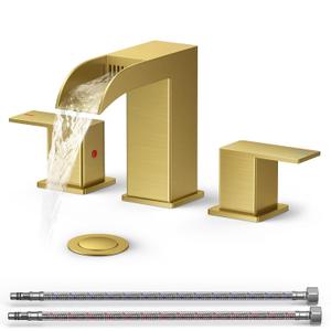 QFN Brushed Gold Bathroom Faucet 3 Hole, 8 Inch Widespread Square Sink Faucet Bathroom with Metal Pop-up Drain and 24" CUPC Supply Line, Lead-Free 2 Handles for Vanity, Restroom, Lavatory and Mall