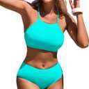 CharmLeaks Women's Bikini Sets High Neck Two Piece Swimsuits Sport Bathing Suits (Medium, #1f Pale Aqua)