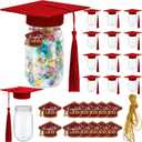 12 Pcs Clear Plastic Graduation Jar with Lids Plastic Mini Canning Jars with 12 Felt Mini Graduation Hat and Cards and 6 Ropes Storage Containers Grad Party Supplies(Red)