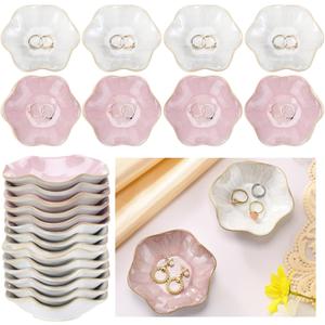 8 Pcs Ceramic Trinket Dish Lotus Leaf Jewelry Tray Small Ring Dish for Earrings, Rings, Jewelry Holder, Key Bowl(White,Pink)