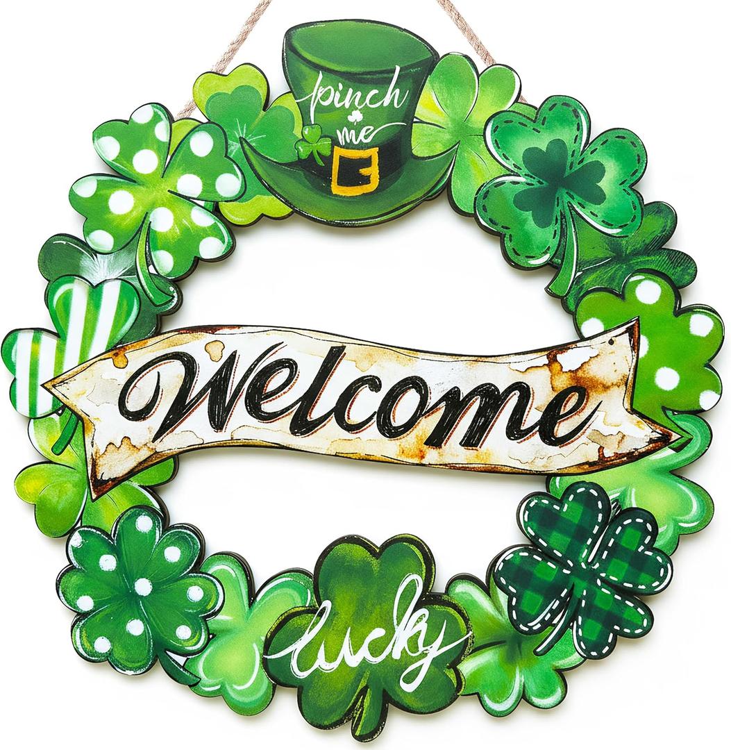 5 x St. Patrick's Day Decorations Wooden Shamrock Wreath for Front Door Welcome Sign, Farmhouse St. Patrick's Decor Welcome Door Hanging Sign Outdoor Indoor Shamrock Clover Spring Wall Home Decor
