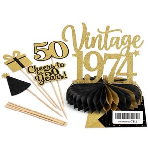 Vintage 1974 Gold Glitter Cake Topper & Table Centerpiece Decoration Kit – 50th Birthday Party Decorations