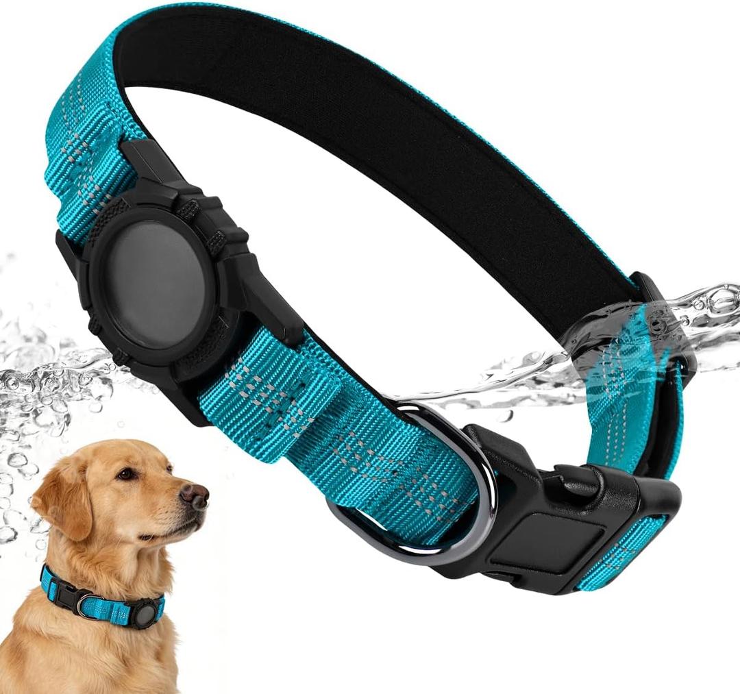 Upgraded Waterproof Dog Collar with Tracking Tag Holder, IP68, Reflective, Ultra-Durable Comfort Padded Heavy Duty Collar for Small Medium Large Dogs(Blue, Medium)