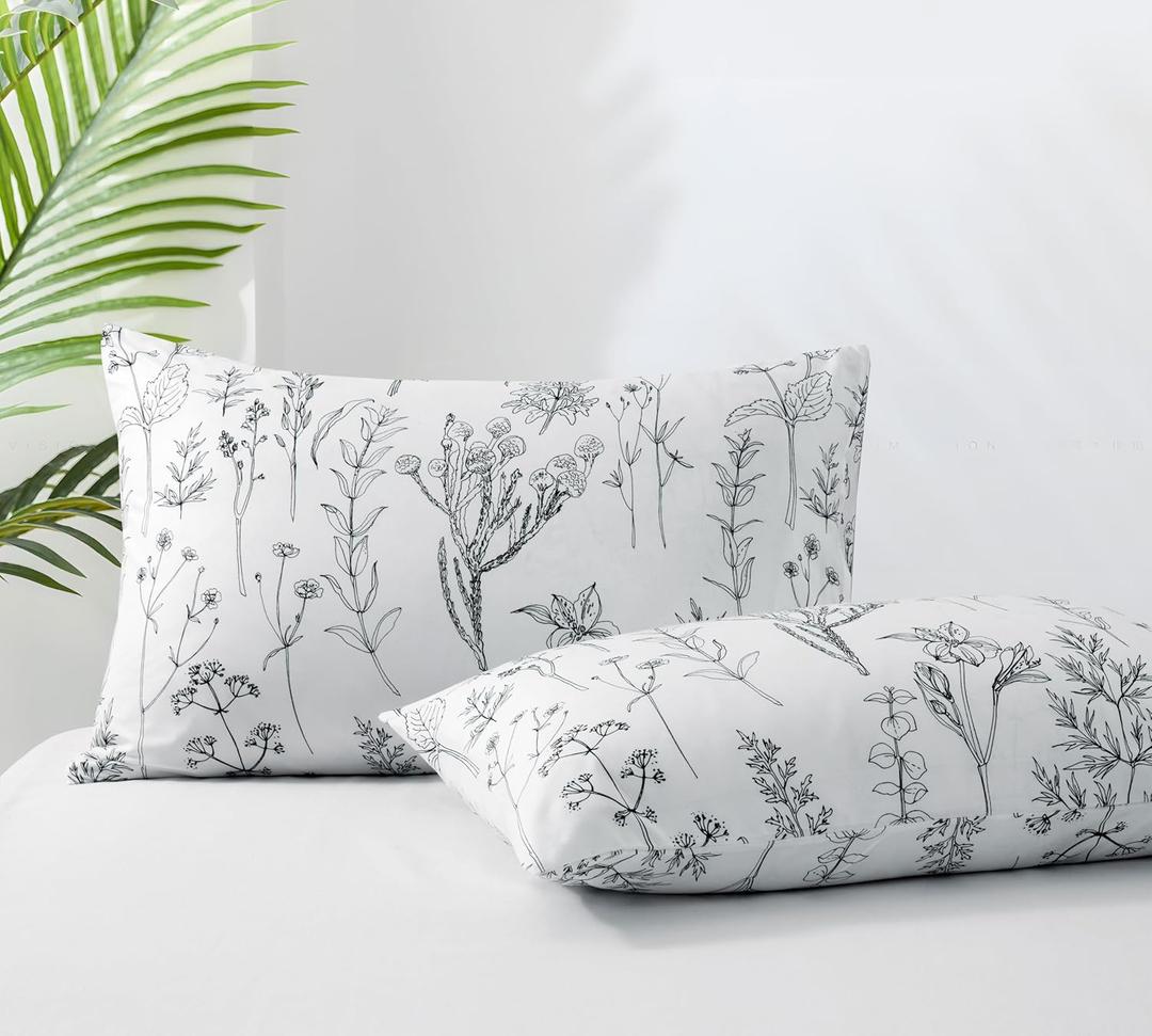 King Size Pillow Cases Set of 2, 20x36 Envelope Closure Pillow Cases Black and White Pillow Cases, Soft Breathable and Non Shrinking Plant Patterns Pillow Cases Microfiber Decorative Pillow Shams