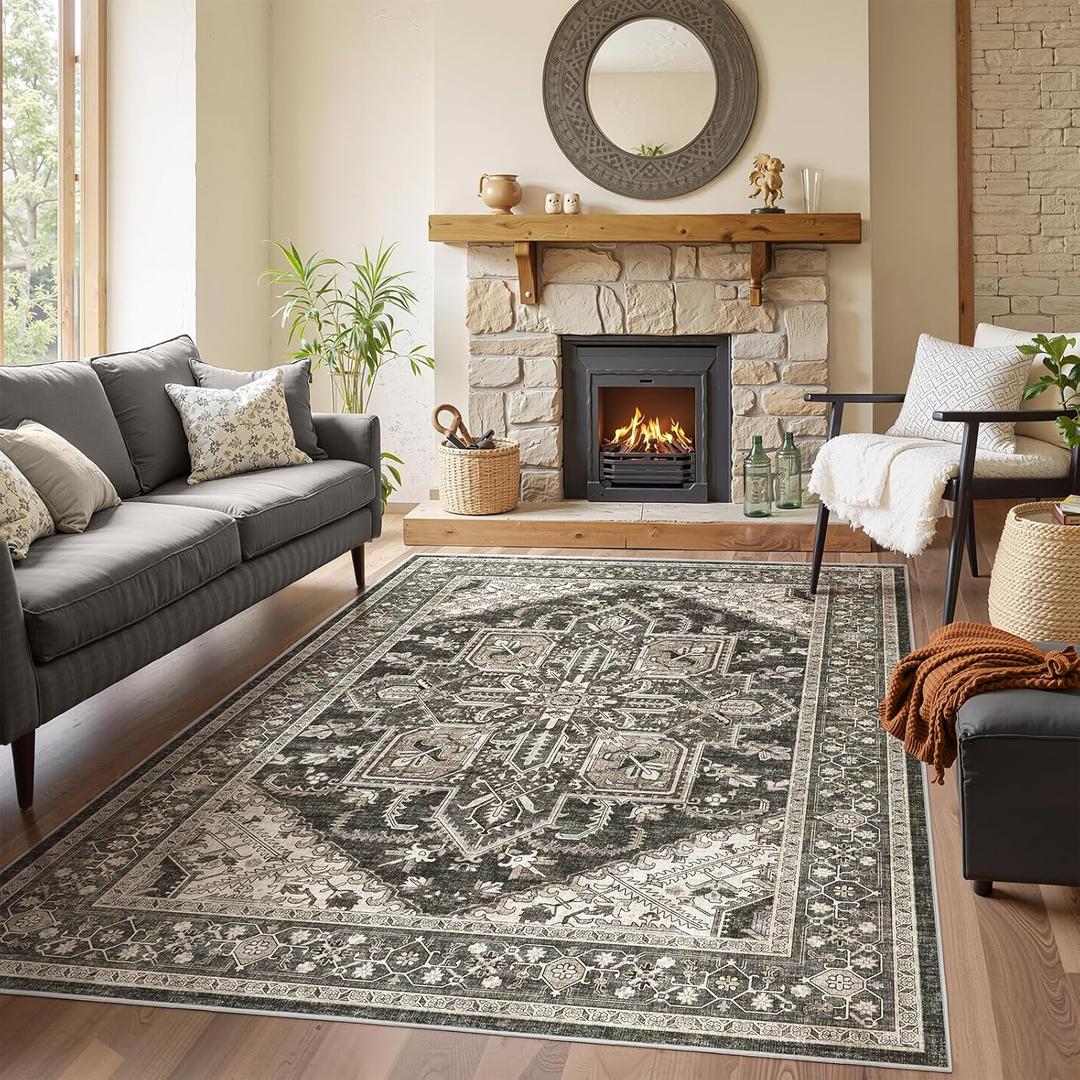WITSHOCK Living Room Area Rugs 5x8: Washable Rug Boho Soft Non-Slip Low Pile Stain Resistant Foldable Carpet for Bedroom Playroom Dining Room Office Kitchen Farmhouse Home Decor Rug-Bitter Black