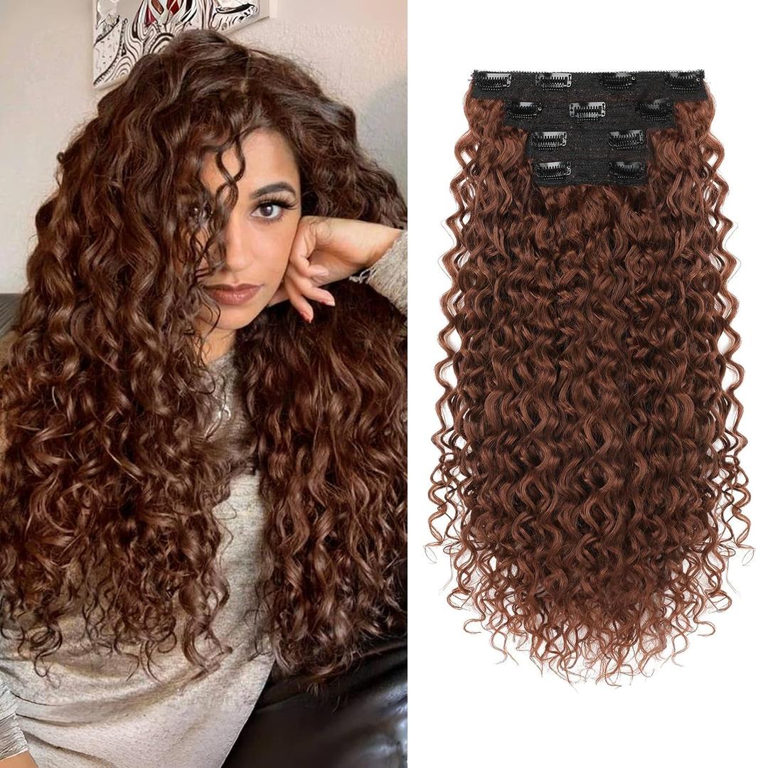 Clip in Hair Extensions, FLUFYMOOZ 4PC 100 Pure Protein Silk Hair Extensions Long Soft Natural Hairpiece 20 Inch Curly Hair Extension for Women (Copper Red)
