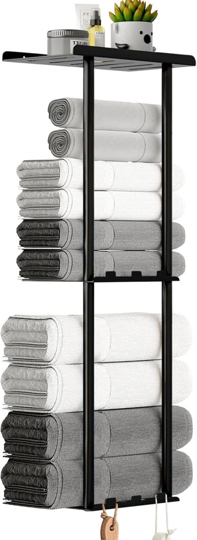 Towel Racks for Bathroom, 3 Tier Metal Towel Holder, with Shelf & 6 Hooks, 29 inch Wall Mounted Towel Storage, 6 Large Bath Towels Capacity,Small Bathroom Towel Rack for Rolled Towels, Black