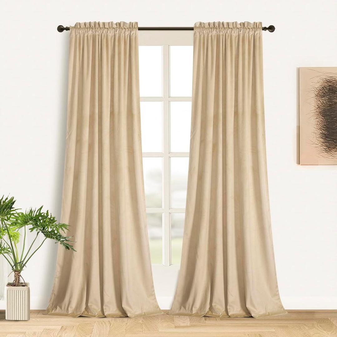 Roslynwood Cream Velvet Curtain 108 inches Long - Curtains Block Light Rod Pocket Thermal Insulated Window Panels Drapes for Bedroom/Living Room, W52 by L108 inches, 2 Panels
