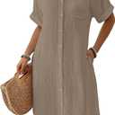 Bsubseach Womens Swimsuit Coverup Long Button Down Bathing Suit Cover Ups Short Sleeve Summer Beach Shirt Dress with Pockets Light Coffee XXL