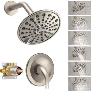 Brushed Nickel Shower Faucet Set, EMBATHER Shower Fixtures with 6 Inch Rainfall Shower Head, Single Handle Control Shower Valve and Trim Kit