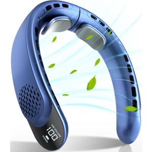 FrSara Rechargeable Neck Fan, Personal Fan with LED Display, 3 Speeds with 4000mAh Battery Powered, Supports USB TYPE-C, Portable, Ideal & Quiet for Women, Men Travel, Outdoor, Blue