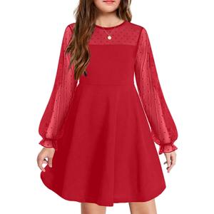 Arshiner Girls's Contrast Mesh Puff Long Sleeve Party Dress with Pockets (Red, 16)