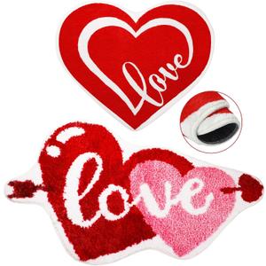 FuWeave 2 Pcs Valentine's Day Bathroom Rug Heart Shaped Mat Tufted Valentines Bathroom Mat Decor Non Slip Floor Soft Absorbent Red Rugs for Shower Kitchen Living Room, 31.5x20'', 23.6x20''