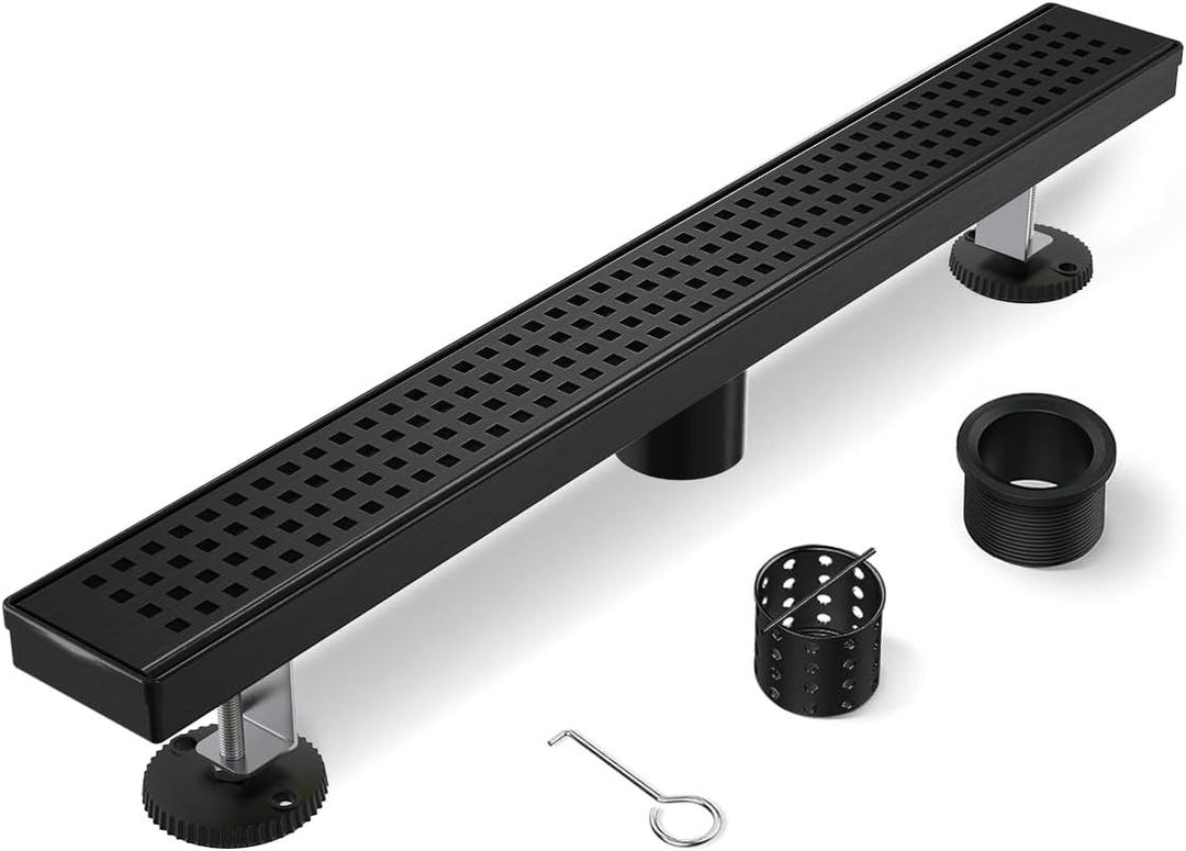 Black Shower Drain, 24 Inch Linear Shower Drain with Removable Square Hole Cover Grate, Modern 304 Stainless Steel Matte Black Shower Floor Drain with Adjustable Feet,Hair Strainer, Shower Drain