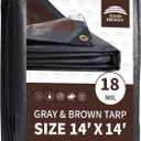 RAINDEWAY 14x14 Feet Super Heavy Duty Tarp 18 Mil, UV Resistant, Weatherproof, Multipurpose Waterproof Poly Tarp with Grommets and Reinforced Edges, Brown/Gray Tarps