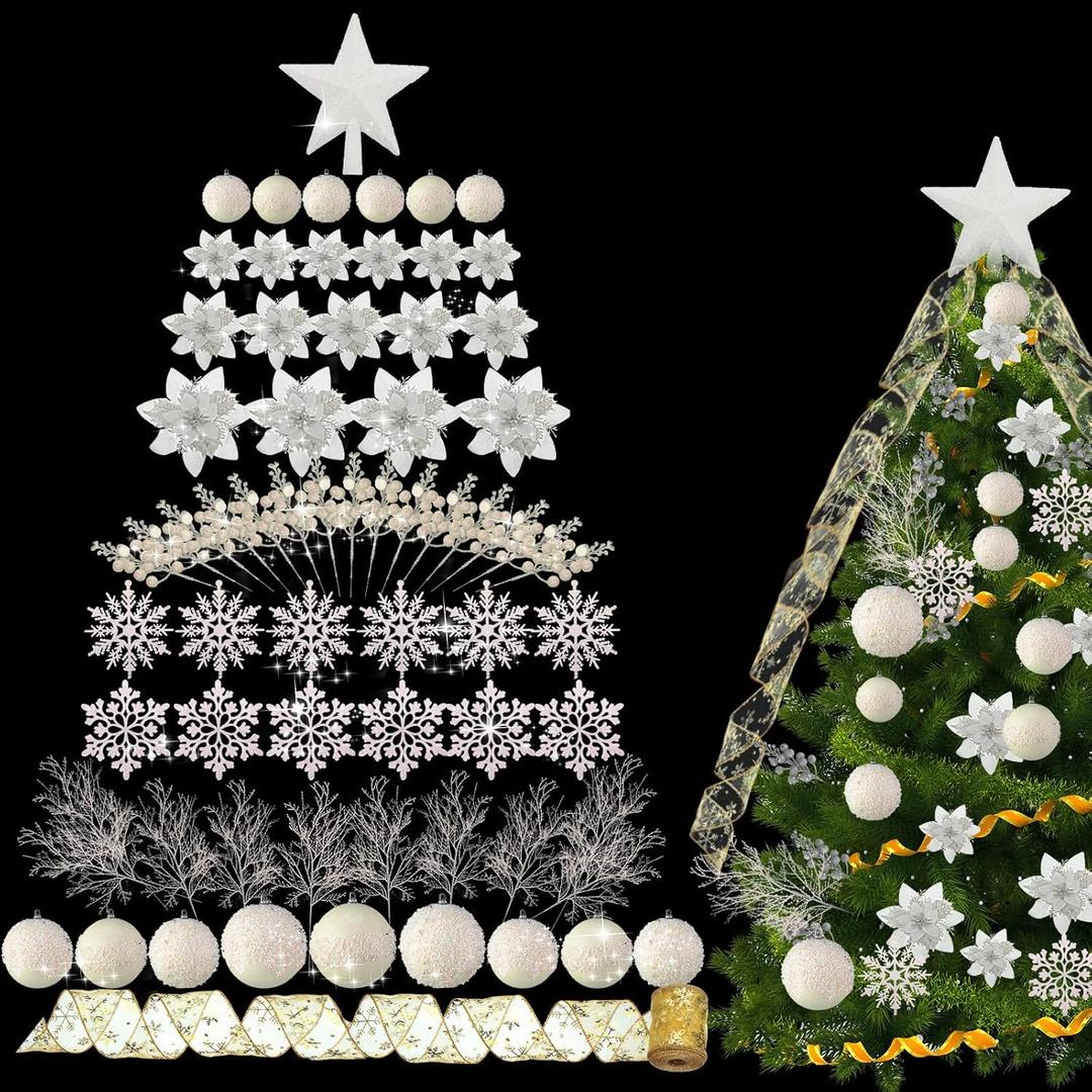 68 Pcs Christmas Tree Ornaments Set Glitter Shatterproof Xmas Tree Ball Ornament Poinsettia Flowers Wired Ribbon Berry Stem Topper Star Pine Needles for Christmas Home Decoration (Iridescent) (White)