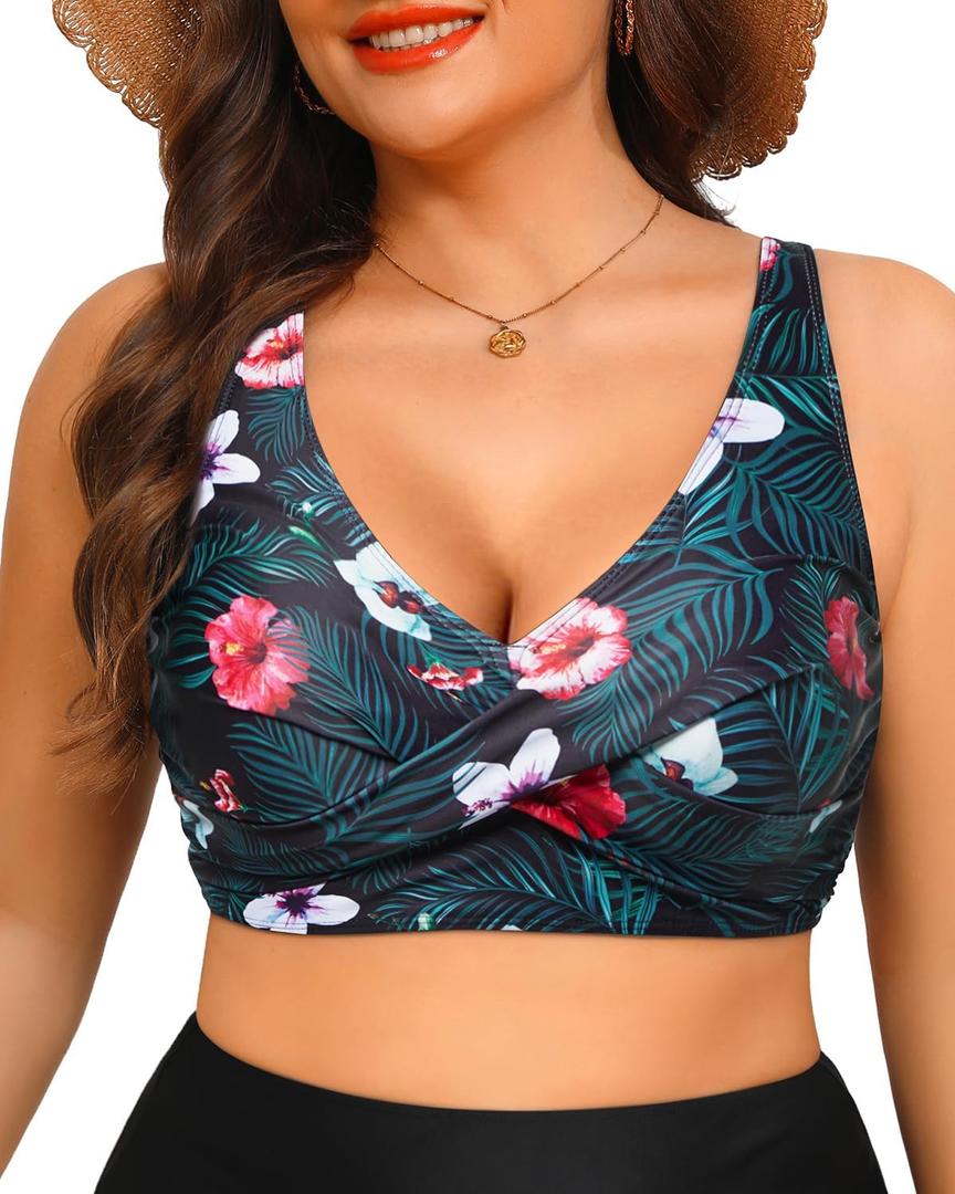 Plus Size Bikini Top Only - Large Bust Swimsuits Top 2025 Swim Bra (16 Plus, Black Floral)