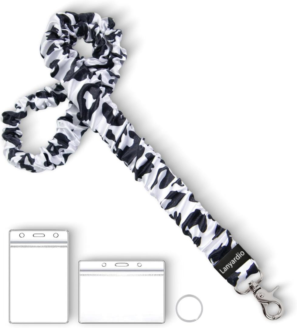 Lanyardio Stretchy Scrunchie Lanyard for ID Badges Keys, Cute Teacher Lanyard for Women with 2 Card Holders 19.22 Inch (Cow)