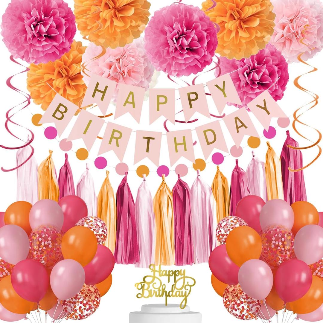 Pink and Orange Birthday Party Decorations Happy Birthday Banner Hot Pink Confetti Balloons Tissue Pom Poms Tassel Garland Pink Orange Party Decor Supplies for Women Girls