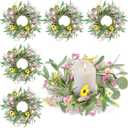 6 Pcs Spring Summer Artificial Flowered Wreath Mini Floral Wedding Candle Rings Wreaths 3inch Kitchen Cabinet Swags Wreath Pillar Candle Holder for Wedding Spring Summer Home Door Tabletop Decoration