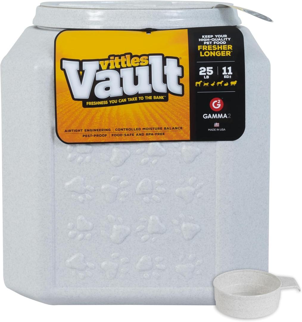 Vittles Vault Pawprint Pet Food Storage Container For Dog Food, Kibbles/Bird Seed/Oatmeal/Rice/Flour/Cereal, BPA Free, Plastic, Sealed Airtight For Cat Food, Up To 25 lb, Made in USA, With Scoop, Gray