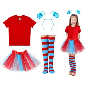 Lenwen Halloween Tulle Tutu Costume Accessories Set, T Shirt Striped Thigh High Socks Tutu Skirt for Halloween Costume (110 cm, Blue and Red Skirt)