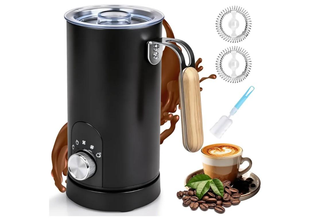 5-in-1 Electric Milk Frother and Steamer, Automatic Milk Foamer Hot Chocolate Maker with Wood Grain Handle, 11.8oz Milk Warmer and Heater for Latte, Cappuccino, Hot Cocoa Maker, Frother for Coffee
