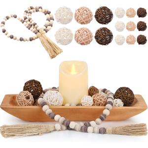 Teenyyou 17 Pcs Wooden Centerpiece Table Decorations Wood Dough Bowl Wicker Rattan Balls Beads String with Tassel Natural Decorative Tray Rustic Bowl Filler for Dining Room Kitchen (Light Brown)