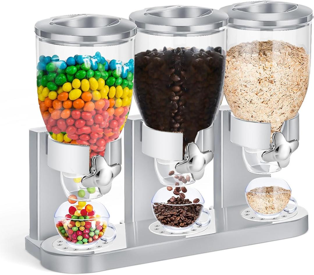 Umigy 1 Pack Triple Indispensable Dry Food Dispenser 67oz Each Capacity Cereal Container for Storage Preserving Dispensing Kitchen Rice Candy Nuts Dog Food Granola Snack Gumball Countertop (Silver)