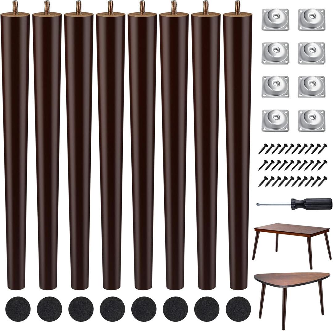 TURSTIN 8 Pieces 16 Inches Table Legs Wood Furniture Legs Tapered Round Replacement Desk Chair Legs Mid Century Furniture Legs for Coffee Table Dresser Night Stand (Brown)