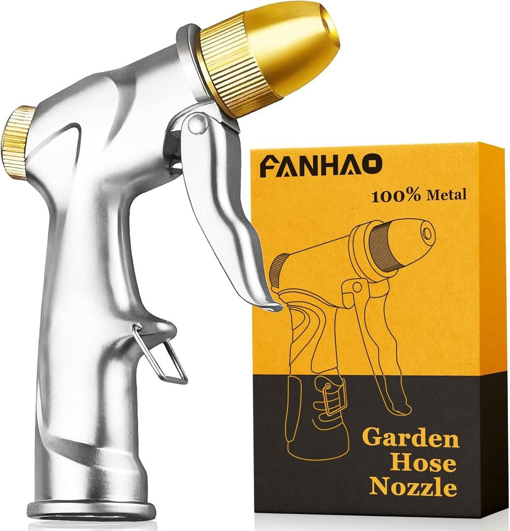 FANHAO Upgraded Garden Hose Nozzle Sprayer, 100% Heavy Duty Metal Handheld Water Nozzle High Pressure in 4 Spraying Modes for Watering Plants and Lawn, Car Washing, Patio and Pet (Front Trigger - 4 Patterns)