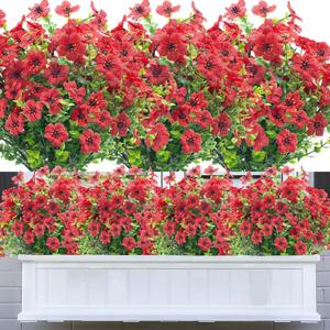 8 Bundles Artificial Flowers for Outdoors,UV Resistant Fake Flowers,Outdoor Plastic Faux Flowers Plants for Indoor Outside Home Decor(Red)