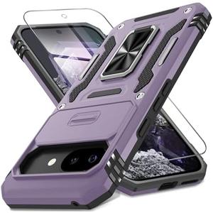 DEERLAMN Case for Google Pixel 9A with Slide Camera Cover+Screen Protector (1 Pack), Rotated Ring Kickstand Military Grade Shockproof Protective Cover-Deep Purple