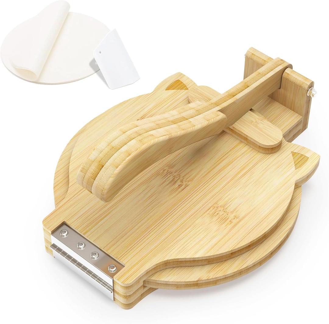 Tortilla Press 10 Inch - Bamboo Quesadilla & Roti Maker with Parchment Paper Sheets & Dough Cutter for Homemade Flour Corn Tortilla, Wood Tortillera Pataconera Tortilla Maker for Home Baking (CAT, Natural)