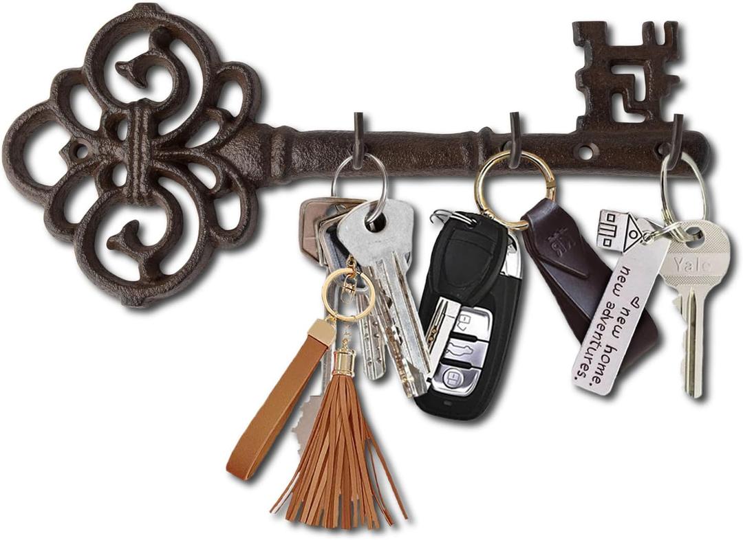 Key Holder for Wall - Cast Iron Skeleton Key - Decorative Farmhouse Rustic Wall Mount Key Organizer - 3 Key Hooks - Vintage Key Rack for Entryway with Screws & Anchors  10.8 x 4.7 - Rust Brown