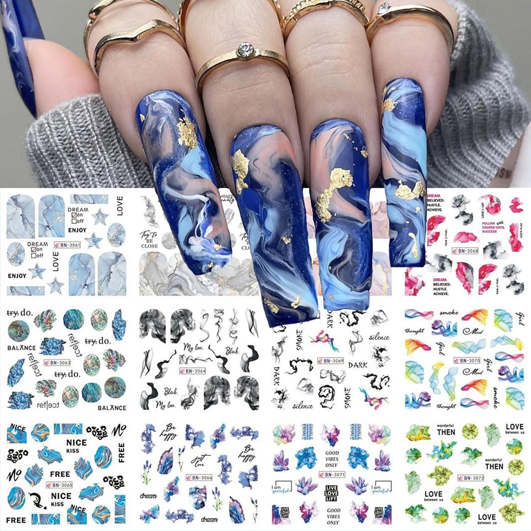 Marble Nail Art Stickers Water Transfer Nail Decals Full Wraps Gradient Acrylic Nail Kits for Women Kids Girls Manicure Decoration Accessories Supplies 12 Sheets