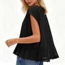 Women Y2k Semi Sheer Blouse Shirt Lace Trim Button Down Short Sleeve Round Neck Casual Going Out Tops Streetwear (Black, L)