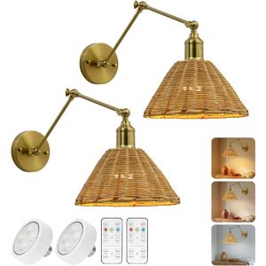 Battery Operated Wall Sconce 2 Pack, Gold Simple Rattan Wall Sconce, Adjustable Brightness, Modern Furniture Decorative Lighting for Kitchen Island, Living Room, Bedroom (Long arm - gold)