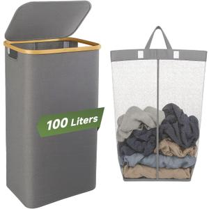 100L Foldable Laundry Basket with Lid, Dirty Clothes Hamper for Dormitories and Gyms | Laundry Hamper with Removable Bag, Gray