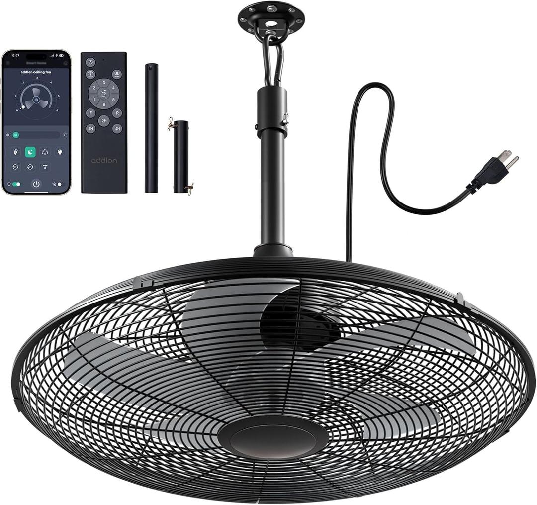 addlon Outdoor Fans for Patios, 20 inch IP65 Waterproof Gazebo Fan Remote&APP Control, 6 Speeds, Quiet, DC Motor, Plug in Ceiling Fan with Hook Hanging Caged Fan for Pergola Porch Canopy Backyard